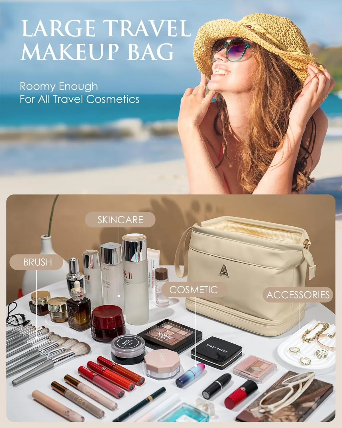 Travel Essentials for Friends Female Mom, Personalized Makeup Bag, Double Layer Cosmetic Bag with Makeup Brush Organizer, Waterproof, Large Capacity PU Leather Toiletry Bag Customized Gifts