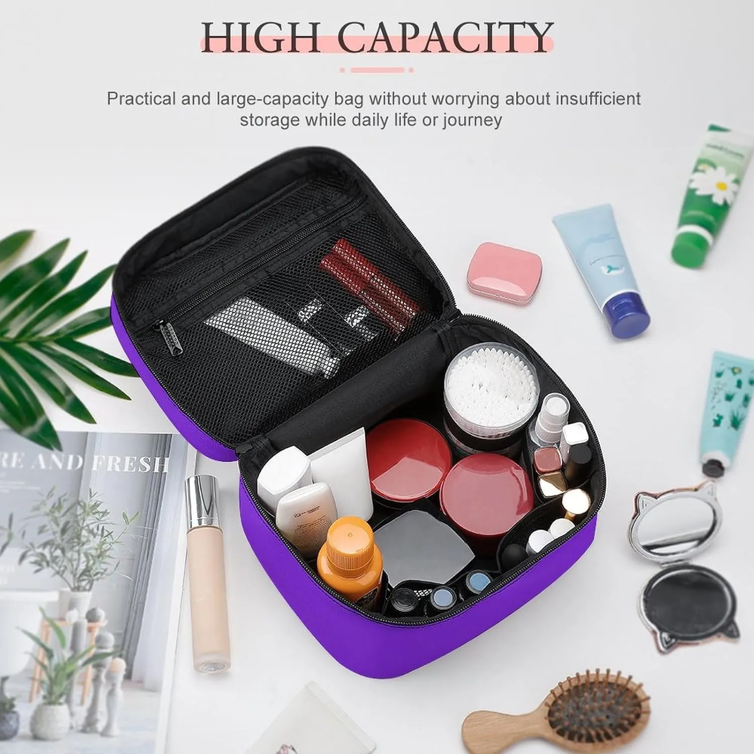 Travel Makeup Bag, Bright Purple Cosmetic Bags for Women Large Capacity Waterproof Toiletry Bag Make up Organizer