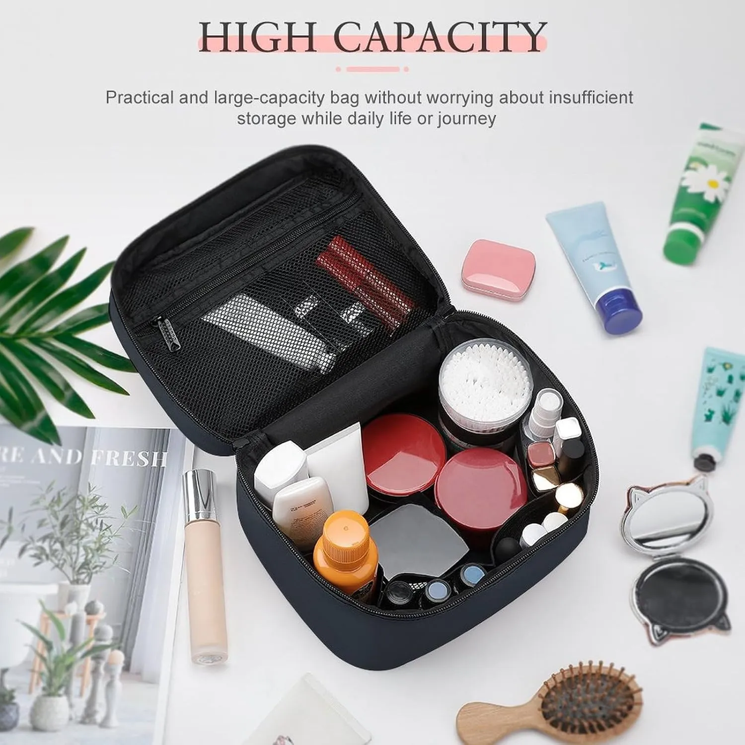 Travel Makeup Bag, Elegant Dark gray Trendy Minimalist Cosmetic Bags for Women Large Capacity Waterproof Toiletry Bag Make up Organizer