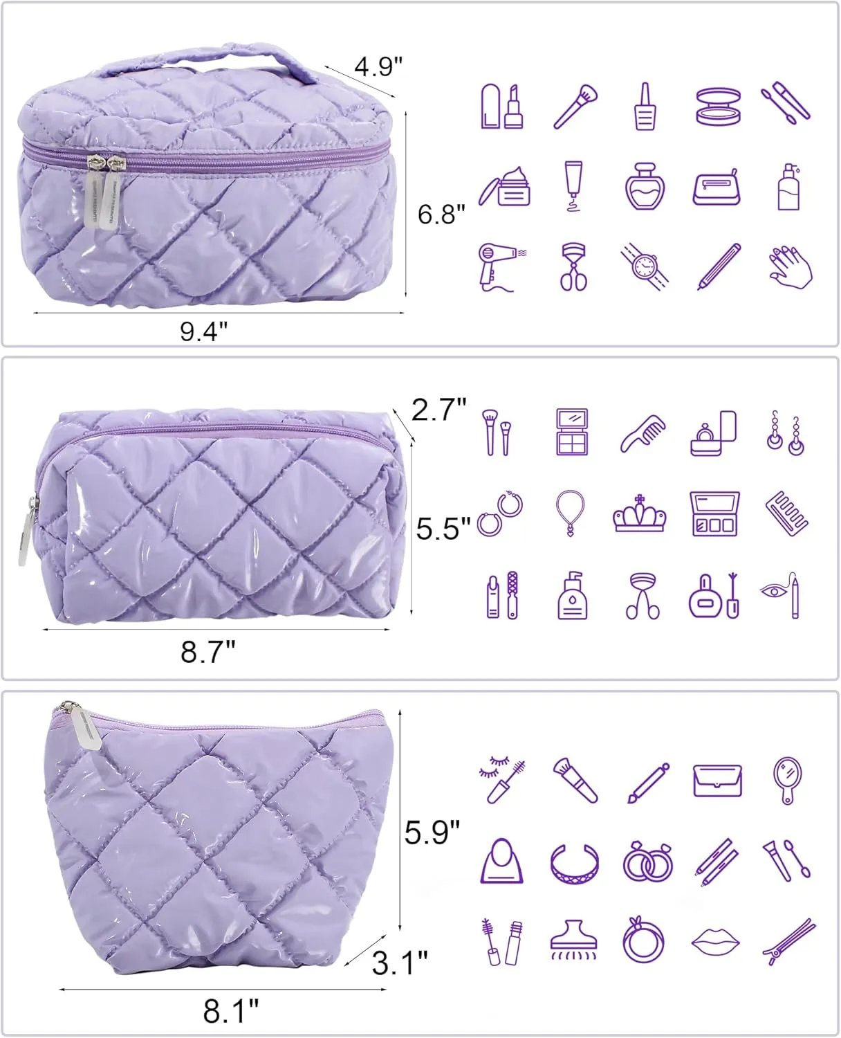 Travel Makeup Bag for Women, Large Waterproof Cosmetic Organizer with 3-piece set, Toiletry Bag for Gym/College/Gifts | Cute Aesthetic Design (Purple)