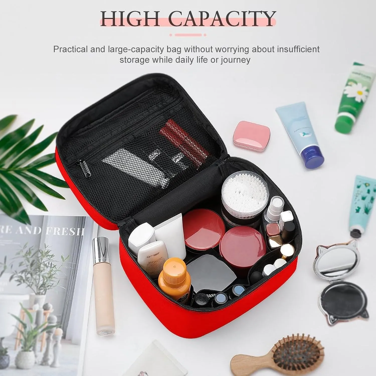 Travel Makeup Bag, Plain Bright Red Background Cosmetic Bags for Women Large Capacity Waterproof Toiletry Bag Make up Organizer
