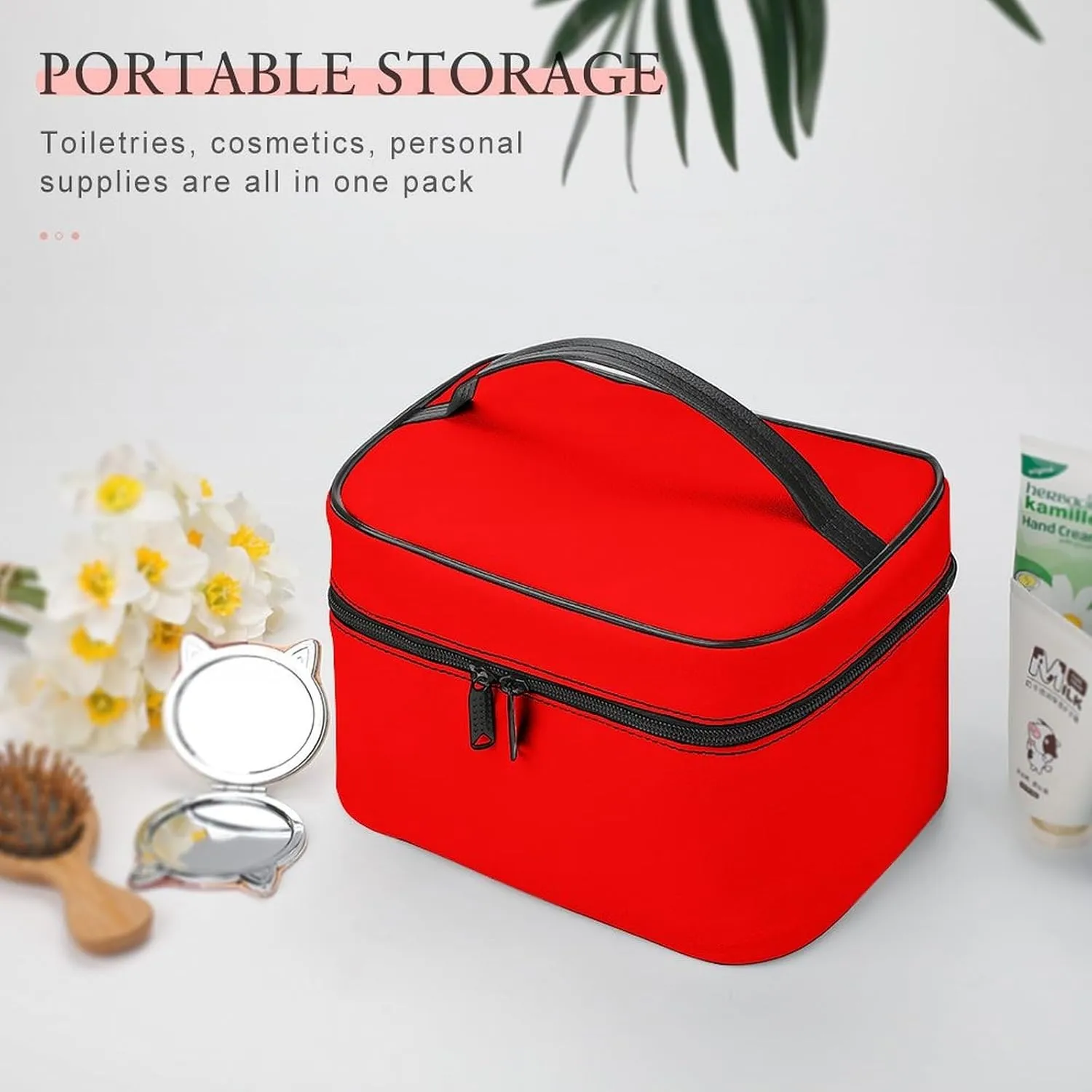 Travel Makeup Bag, Plain Bright Red Background Cosmetic Bags for Women Large Capacity Waterproof Toiletry Bag Make up Organizer