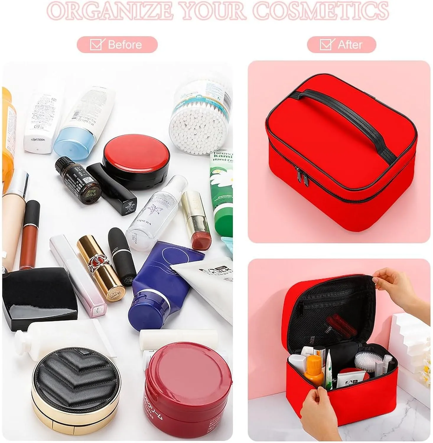 Travel Makeup Bag, Plain Bright Red Background Cosmetic Bags for Women Large Capacity Waterproof Toiletry Bag Make up Organizer