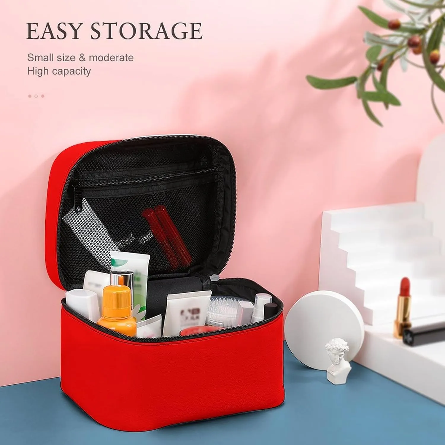 Travel Makeup Bag, Plain Bright Red Background Cosmetic Bags for Women Large Capacity Waterproof Toiletry Bag Make up Organizer