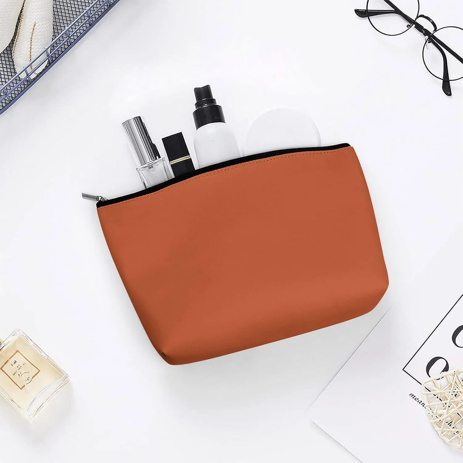 Travel Makeup Bag, Solid Autumn Orange Cosmetic Bags for Women Large Capacity Waterproof Toiletry Pouch Make up Organizer