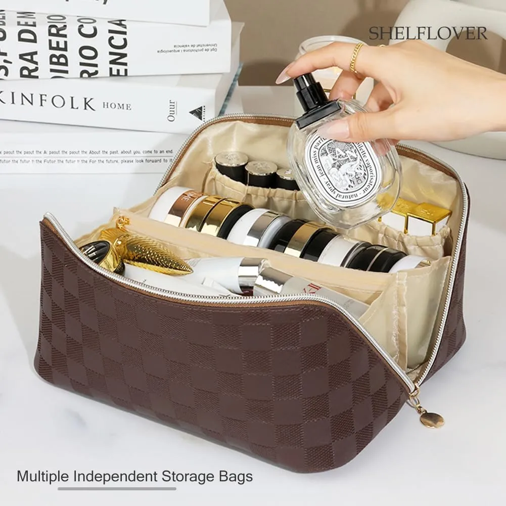 Travel Toiletry Bag Makeup Bag, Water-Resistent Cosmetic Bags for Women, Portable Pouch Open Flat Make Up Organizer Case, Cosmetic Bags, Brown Grid