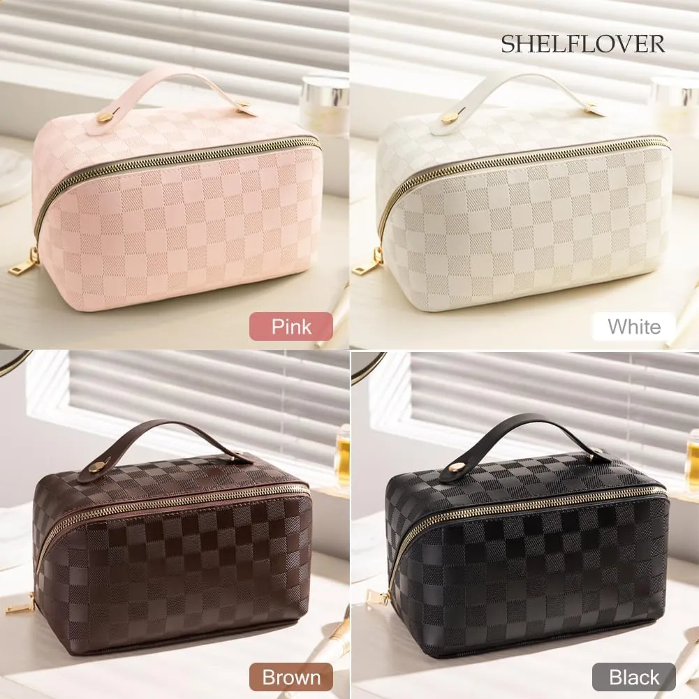 Travel Toiletry Bag Makeup Bag, Water-Resistent Cosmetic Bags for Women, Portable Pouch Open Flat Make Up Organizer Case, Cosmetic Bags, Brown Grid