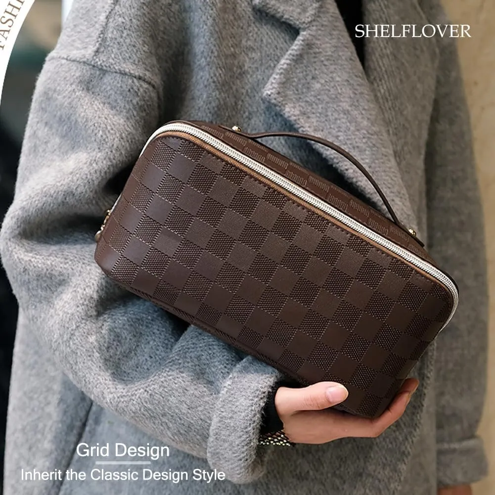 Travel Toiletry Bag Makeup Bag, Water-Resistent Cosmetic Bags for Women, Portable Pouch Open Flat Make Up Organizer Case, Cosmetic Bags, Brown Grid