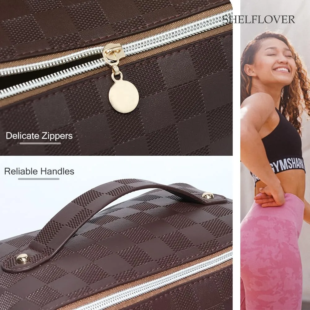 Travel Toiletry Bag Makeup Bag, Water-Resistent Cosmetic Bags for Women, Portable Pouch Open Flat Make Up Organizer Case, Cosmetic Bags, Brown Grid