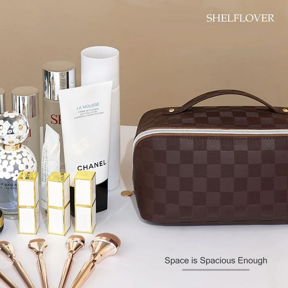 Travel Toiletry Bag Makeup Bag, Water-Resistent Cosmetic Bags for Women, Portable Pouch Open Flat Make Up Organizer Case, Cosmetic Bags, Brown Grid
