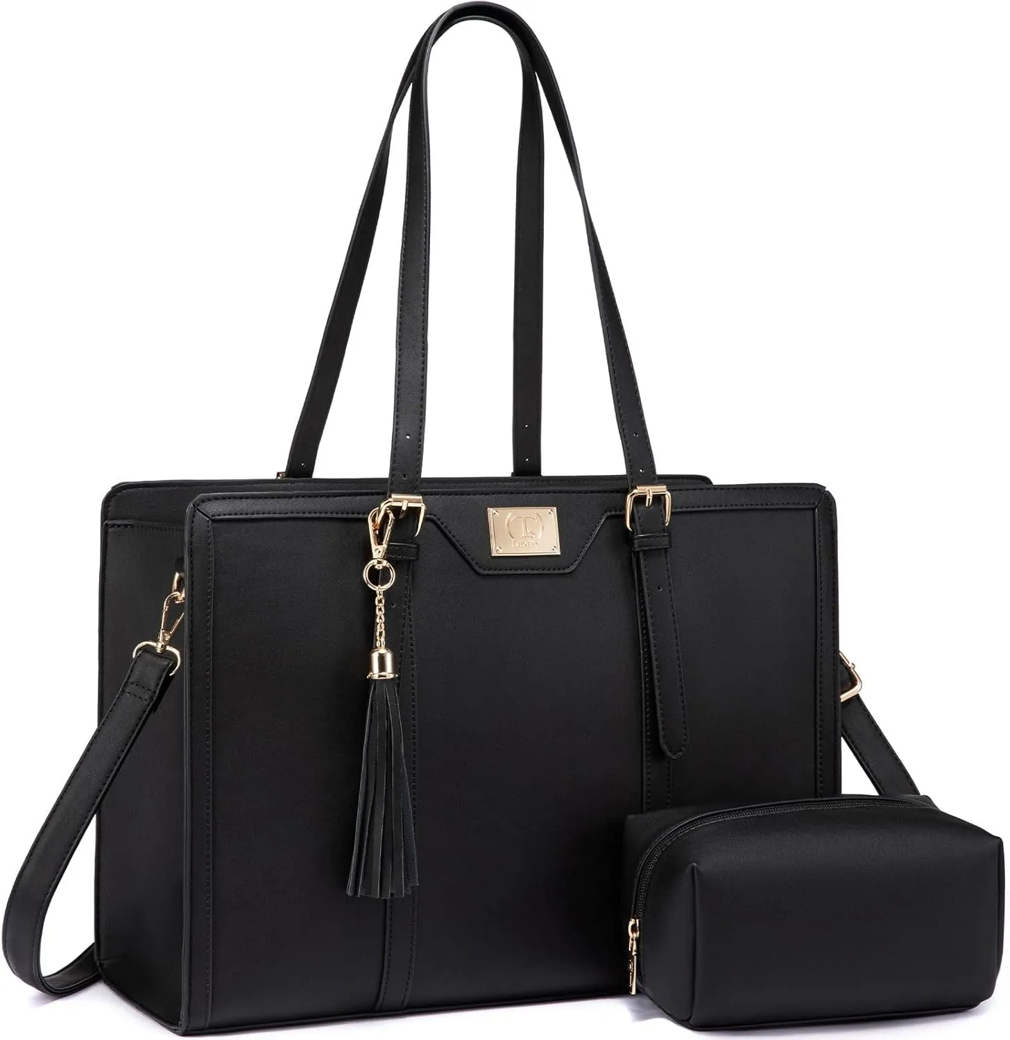 T's Luxury Laptop Tote Bag For Women 15.6 Inch Bag Vegan Leather Briefcase Computer Bag With Clutch Purse For Office Business,Travel, Black.