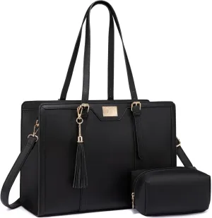 T's Luxury Laptop Tote Bag For Women 15.6 Inch Bag Vegan Leather Briefcase Computer Bag With Clutch Purse For Office Business,Travel, Black.