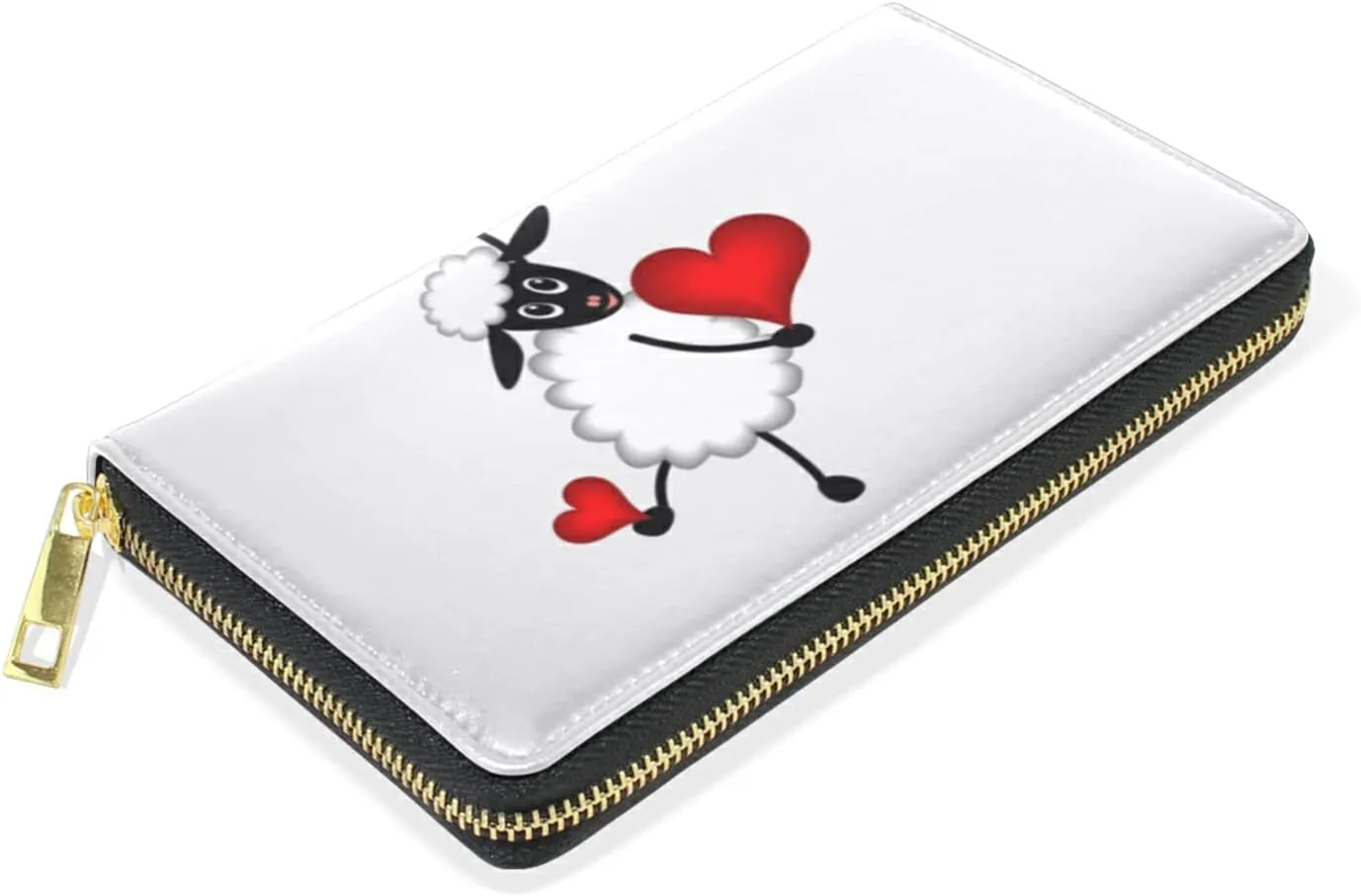 Two sheep Little Lambs Hanging on Washing Line with Red Hearts Leather Long Wallet Organizer with Zipper Purse Clutch Bag for Women Men