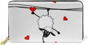 Two sheep Little Lambs Hanging on Washing Line with Red Hearts Leather Long Wallet Organizer with Zipper Purse Clutch Bag for Women Men
