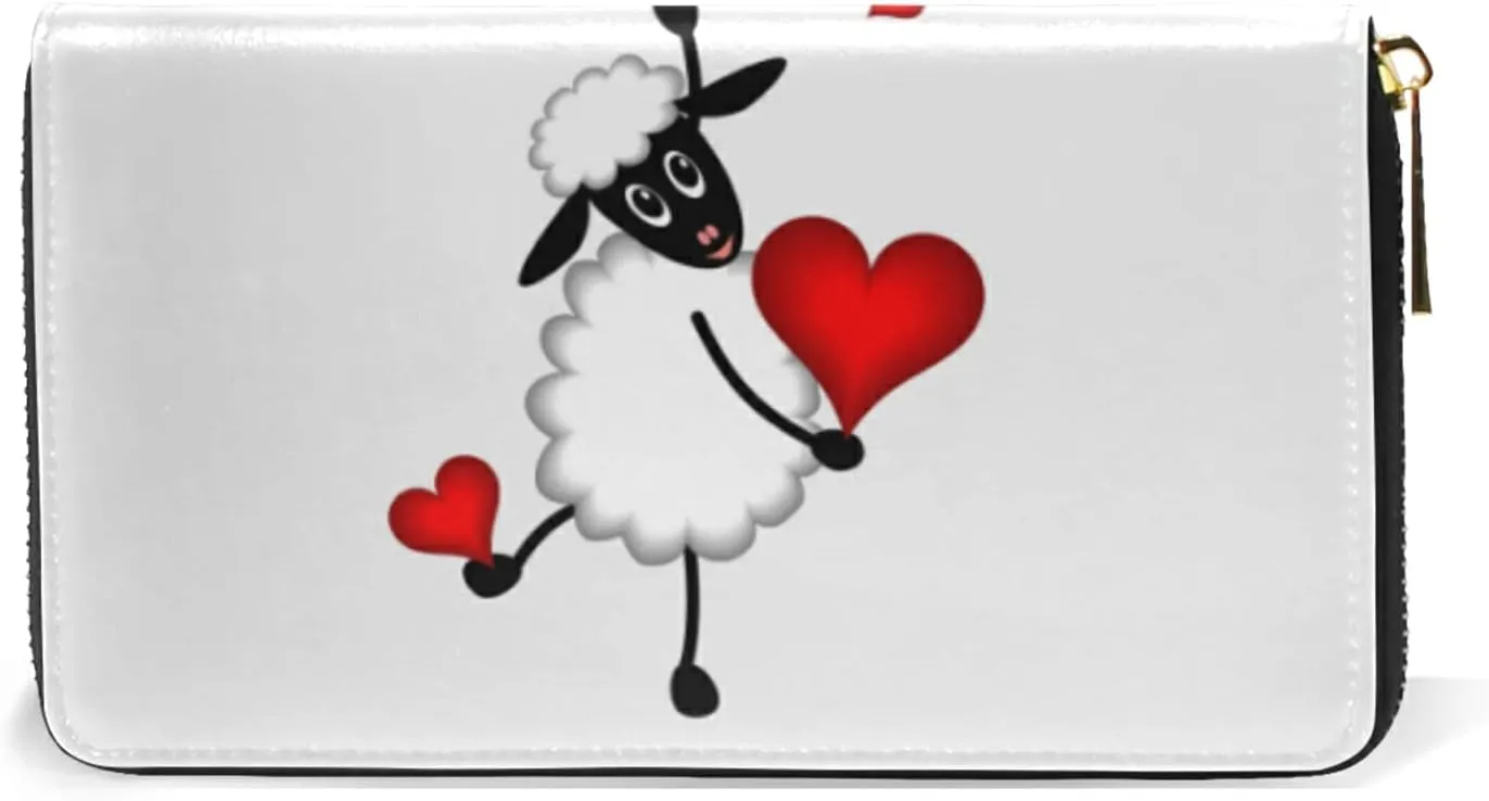 Two sheep Little Lambs Hanging on Washing Line with Red Hearts Leather Long Wallet Organizer with Zipper Purse Clutch Bag for Women Men
