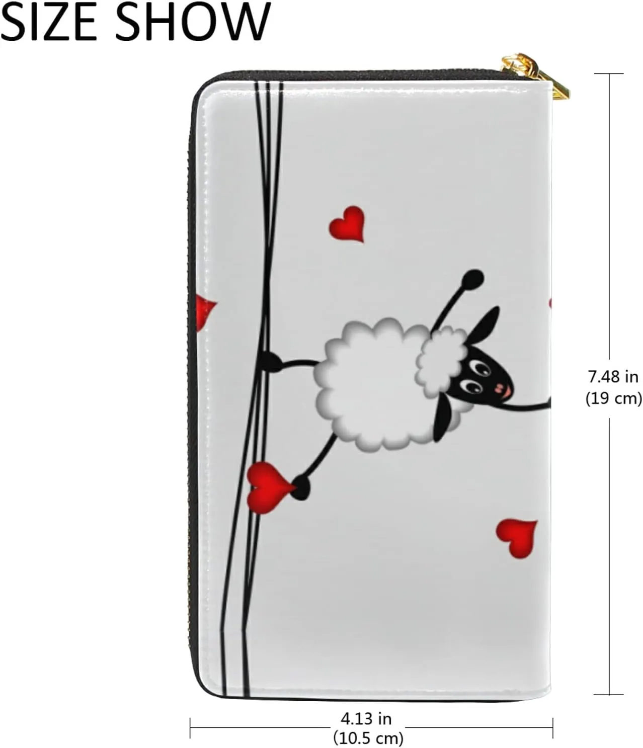 Two sheep Little Lambs Hanging on Washing Line with Red Hearts Leather Long Wallet Organizer with Zipper Purse Clutch Bag for Women Men