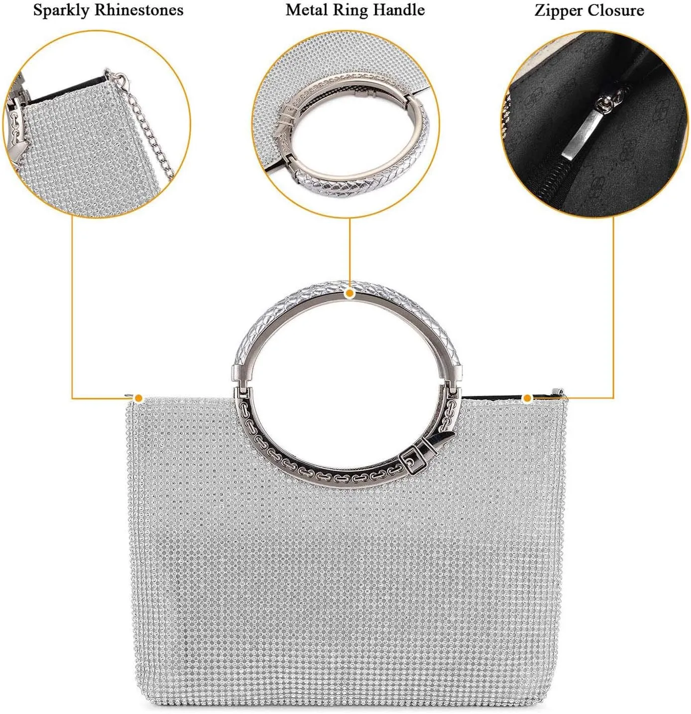 UBORSE Rhinestones Crystal Clutch Evening Bags for Women Ring Handle Wedding Party Clutch Purses Cocktail Prom Handbags