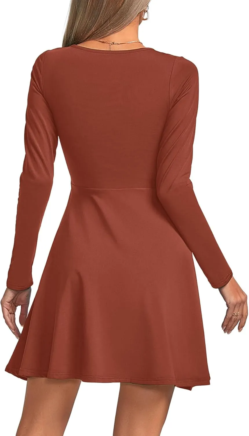 Umenlele Women's Scoop Neck Long Sleeve Dresses Casual Flowy Swing Mini Short Wrap Skater Dress