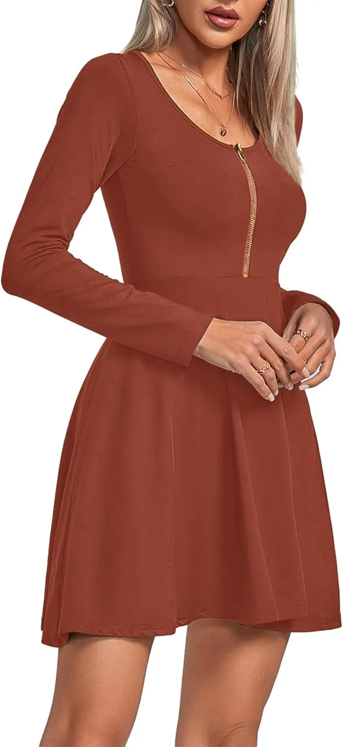 Umenlele Women's Scoop Neck Long Sleeve Dresses Casual Flowy Swing Mini Short Wrap Skater Dress