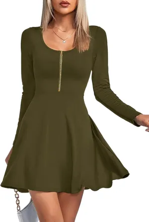 Umenlele Women's Scoop Neck Long Sleeve Dresses Casual Flowy Swing Mini Short Wrap Skater Dress