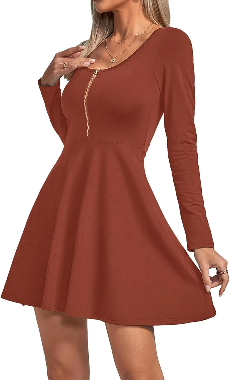 Umenlele Women's Scoop Neck Long Sleeve Dresses Casual Flowy Swing Mini Short Wrap Skater Dress