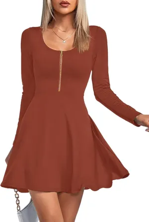 Umenlele Women's Scoop Neck Long Sleeve Dresses Casual Flowy Swing Mini Short Wrap Skater Dress
