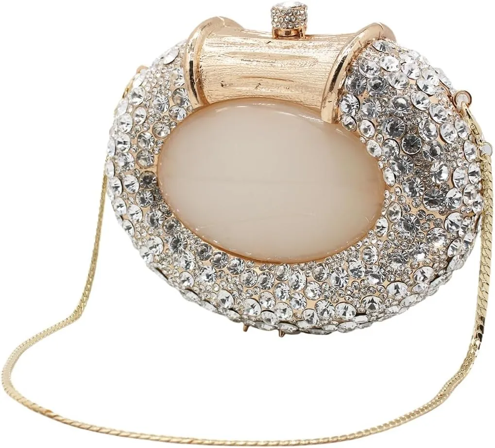 UMREN Women Crystal Oval Shell Evening Purse Bags Luxury Rhinestone Clutch Unique Gems Handbag Bridal Wedding Shoulder Bag
