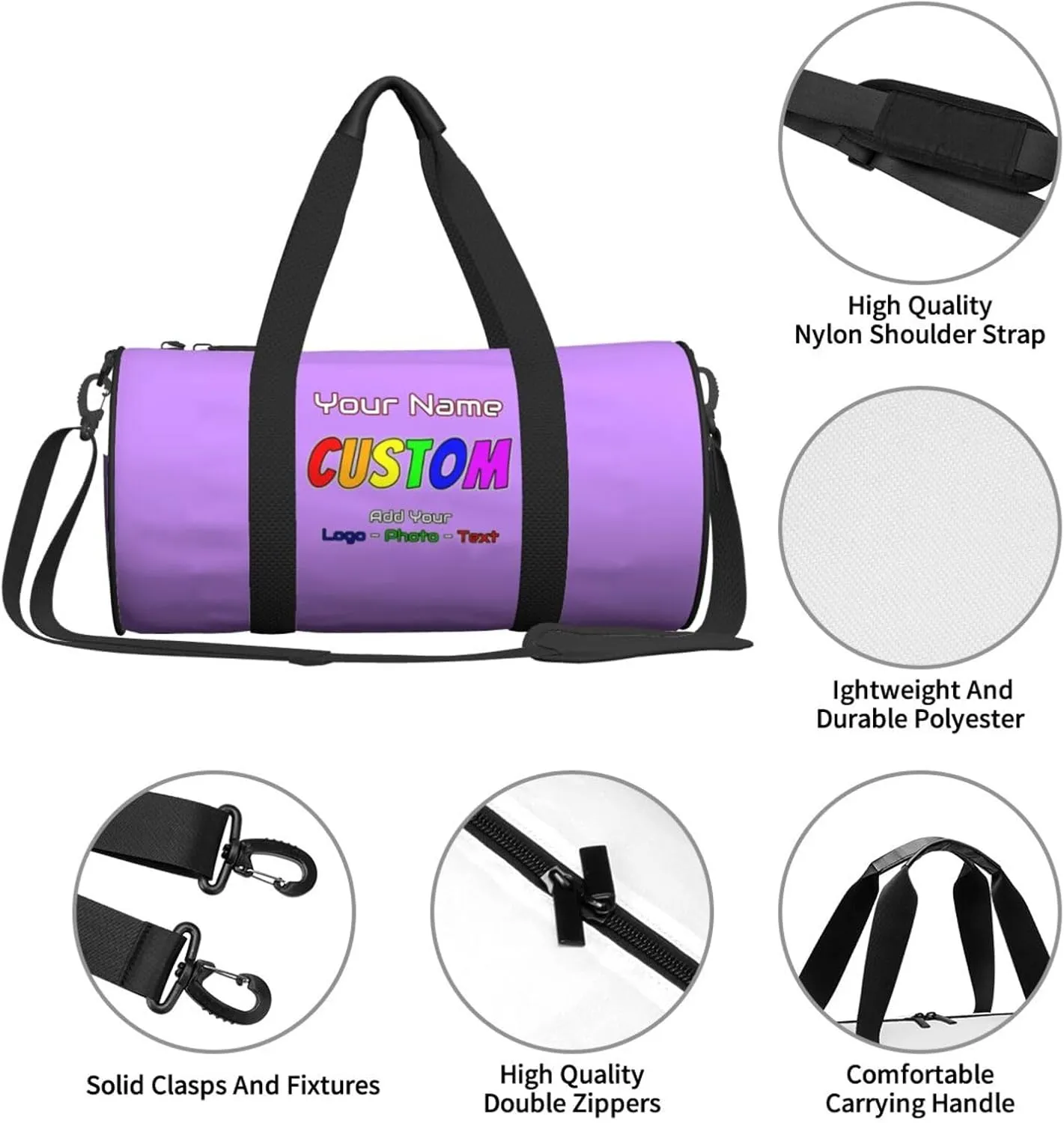 Unisex Custom Duffle Bag Add Name Image Logo Text Personalized Tote Bags For Travel Sport Gym Yoga Golf Customized Gifts Light Purple