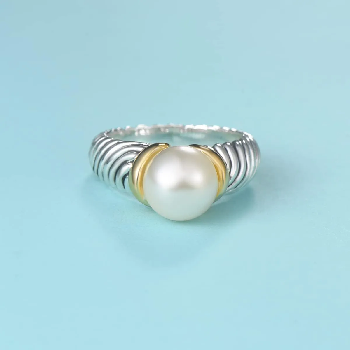 UNY JEWEL Designer Inspired Two Tone Twisted Cable Wire Ring 10mm Cream White Imitation Pearl Women Statement Dupes Jewelry