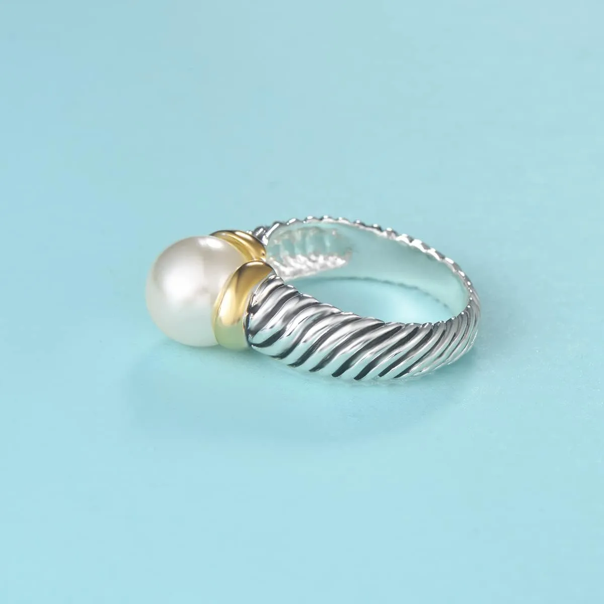 UNY JEWEL Designer Inspired Two Tone Twisted Cable Wire Ring 10mm Cream White Imitation Pearl Women Statement Dupes Jewelry