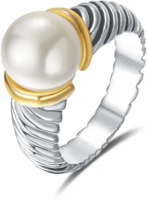 UNY JEWEL Designer Inspired Two Tone Twisted Cable Wire Ring 10mm Cream White Imitation Pearl Women Statement Dupes Jewelry