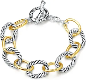 UNY JEWEL Twisted Cable Wire Link Chain Bracelet Two Tone Designer Brand Inspired Women Jewelry Valentine (2 Tone)