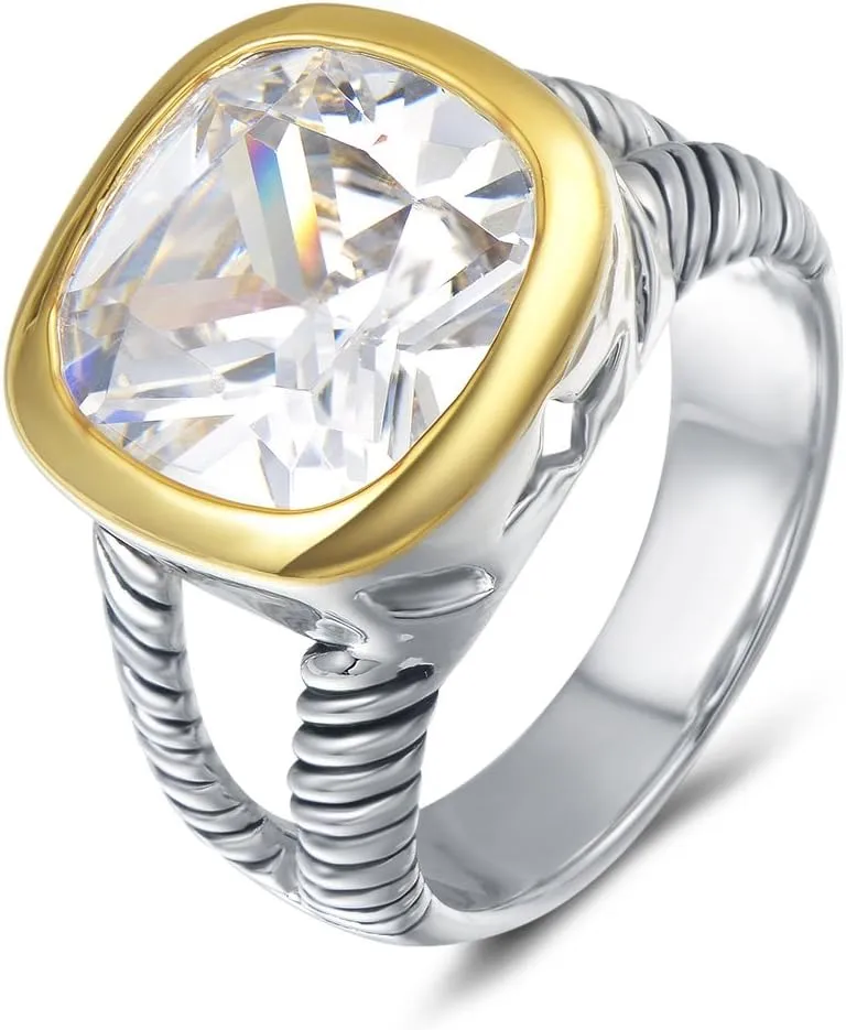UNY Jewel Twisted Cable Wire Two Tone Cusion Cut CZ Statement Ring Designer Inspired Fashion Love Antique Women Jewelry Gift