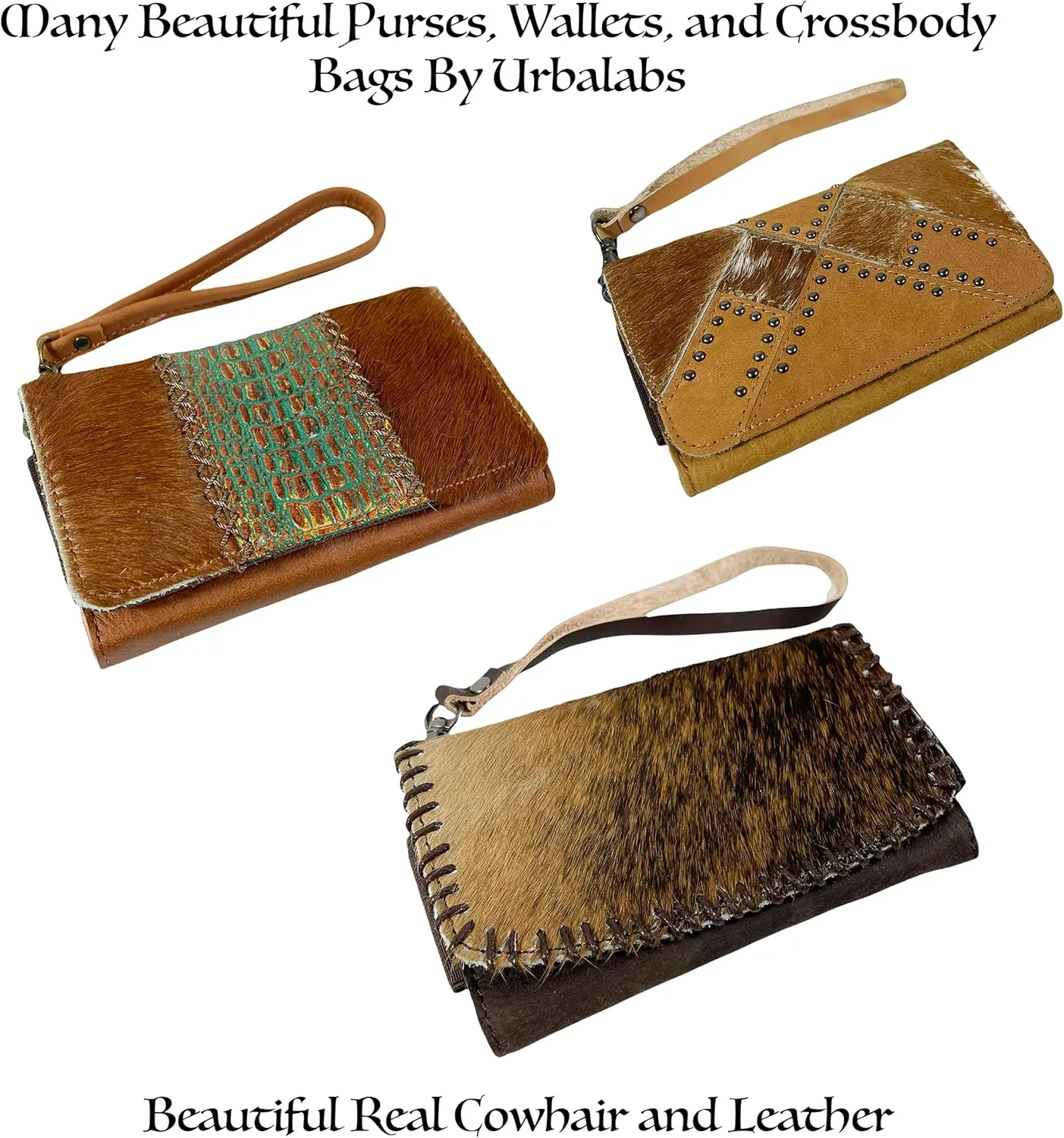 Urbalabs Cowhair Genuine Leather Women Western Wallets Clutch Bag Leather Fringe Purse Cell Phone Holder Pouch Tooled Wallet For Women Cowgirl Small Clutch Hand Stitched (Black White)