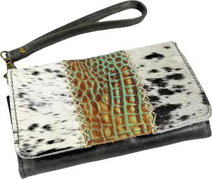 Urbalabs Cowhair Genuine Leather Women Western Wallets Clutch Bag Leather Fringe Purse Cell Phone Holder Pouch Tooled Wallet For Women Cowgirl Small Clutch Hand Stitched (Black White)