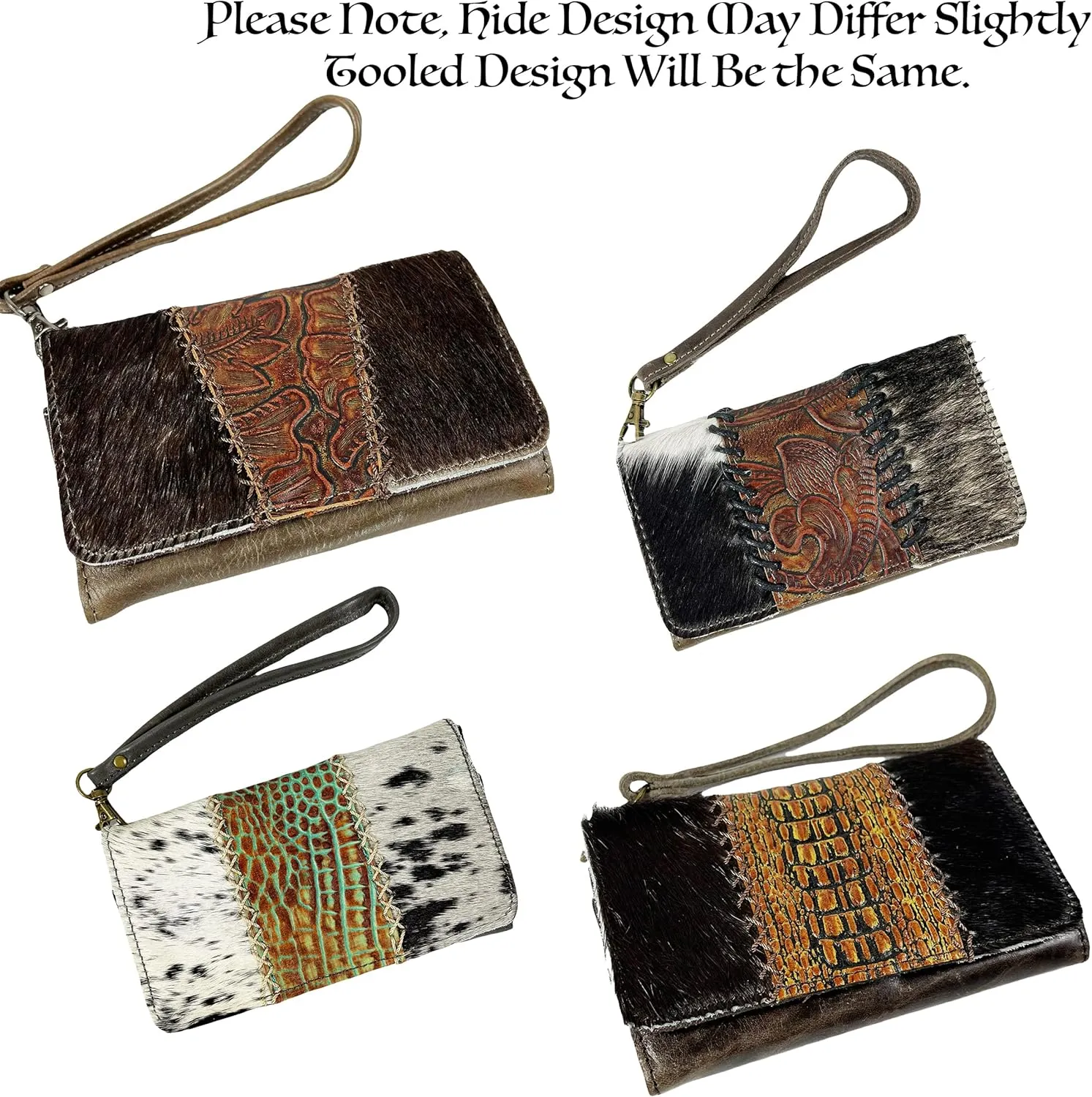 Urbalabs Cowhair Genuine Leather Women Western Wallets Clutch Bag Leather Fringe Purse Cell Phone Holder Pouch Tooled Wallet For Women Cowgirl Small Clutch Hand Stitched (Black White)