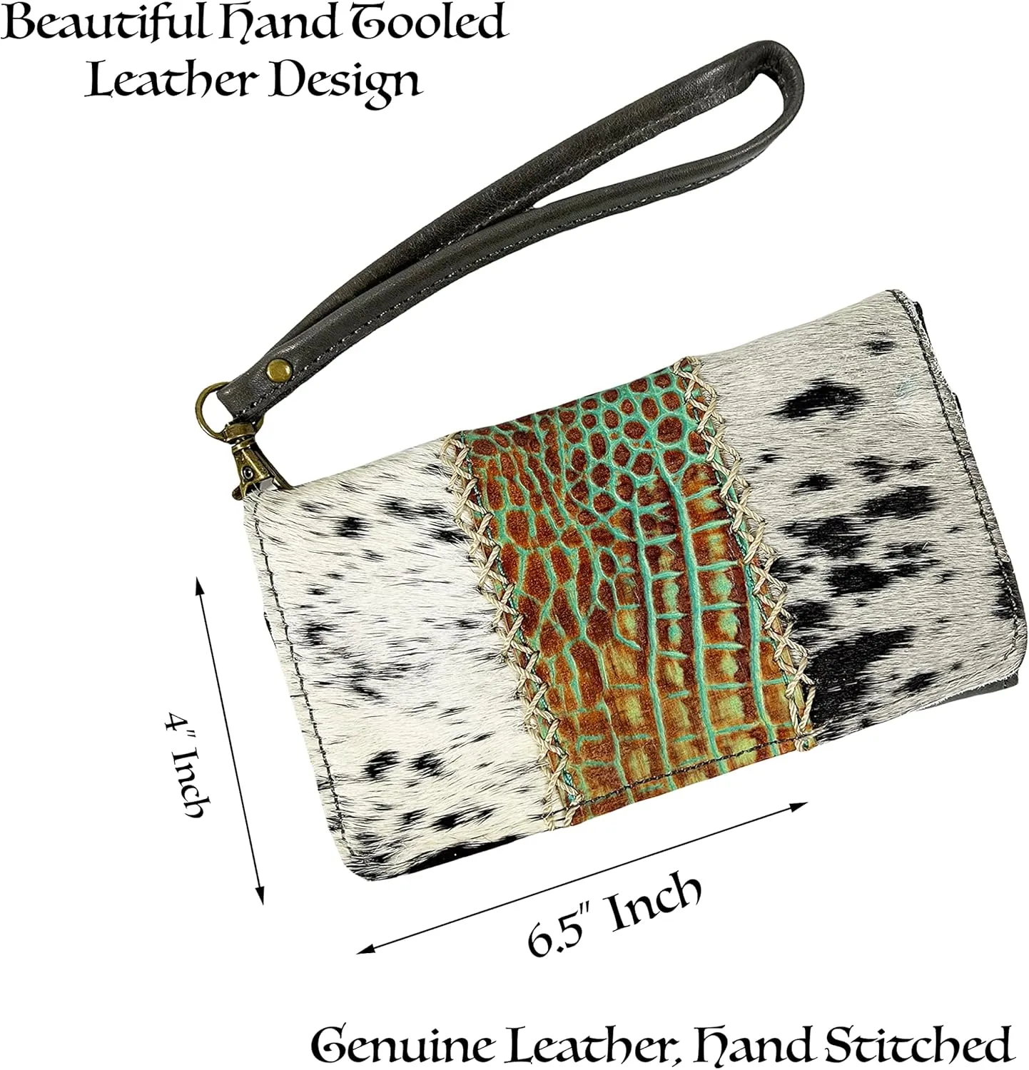 Urbalabs Cowhair Genuine Leather Women Western Wallets Clutch Bag Leather Fringe Purse Cell Phone Holder Pouch Tooled Wallet For Women Cowgirl Small Clutch Hand Stitched (Black White)