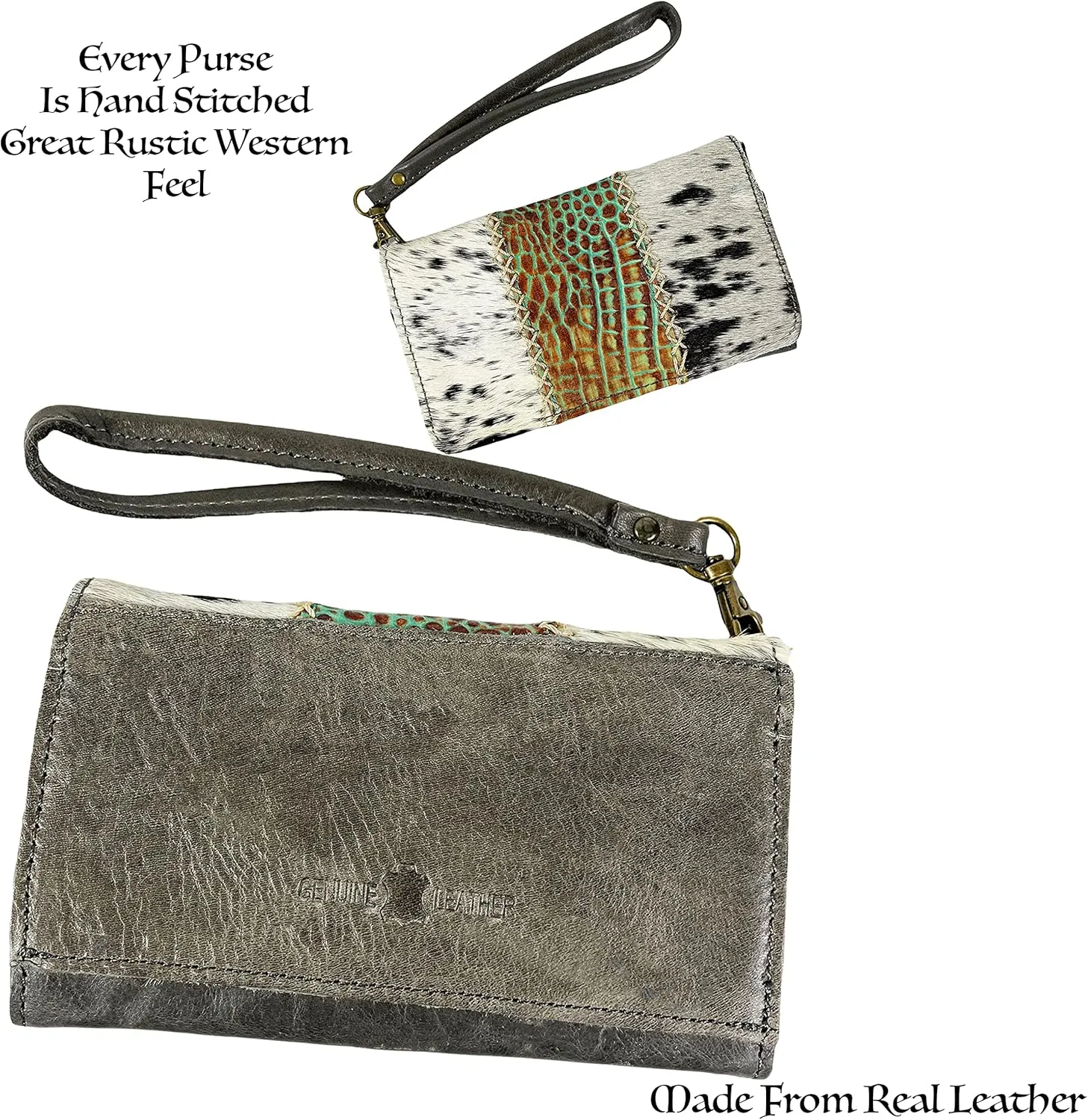 Urbalabs Cowhair Genuine Leather Women Western Wallets Clutch Bag Leather Fringe Purse Cell Phone Holder Pouch Tooled Wallet For Women Cowgirl Small Clutch Hand Stitched (Black White)