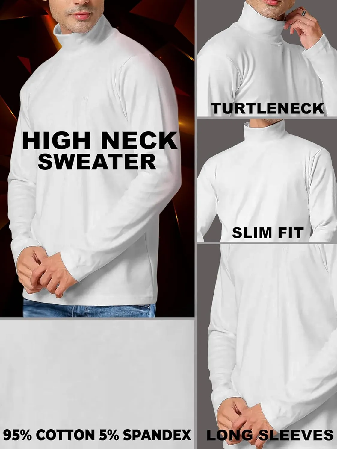 URBAN BUCK Turtleneck Men Shirt Long Sleeve Ribbed Knitted Casual TShirt Slim Fit Cotton Turtle Neck Pullover Sweater