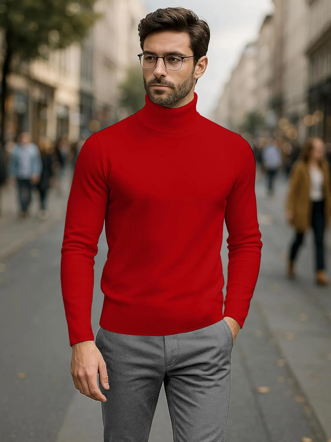 URBAN BUCK Turtleneck Men Shirt Long Sleeve Ribbed Knitted Casual TShirt Slim Fit Cotton Turtle Neck Pullover Sweater