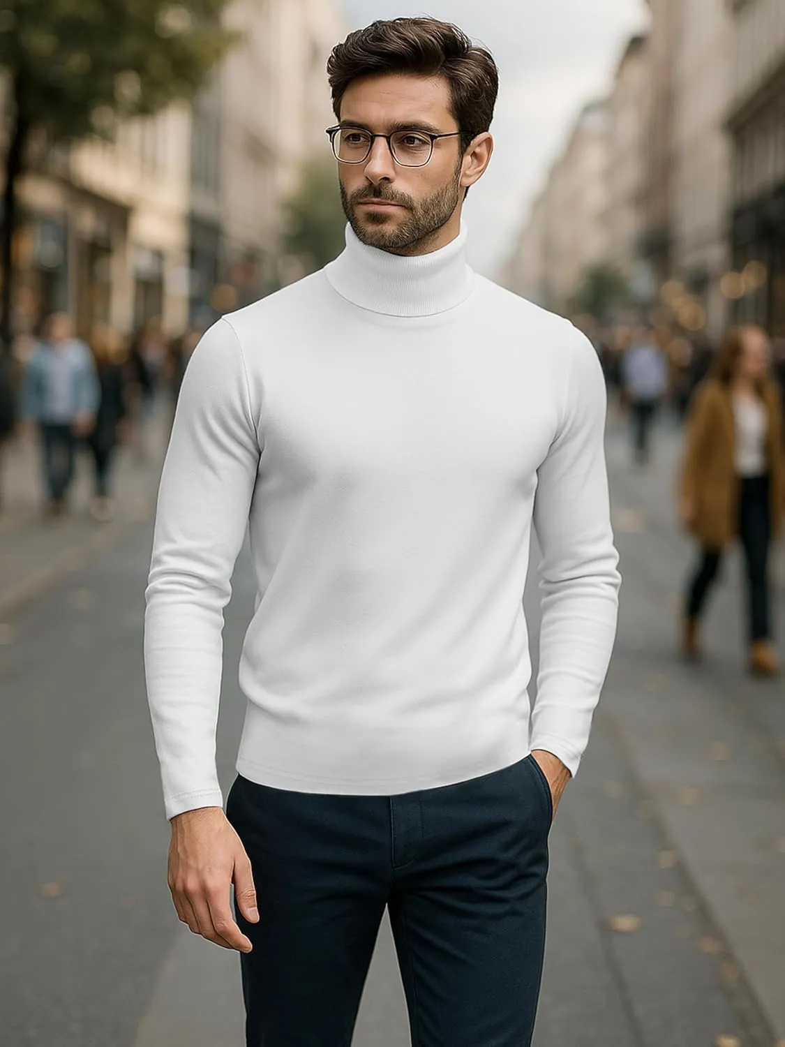 URBAN BUCK Turtleneck Men Shirt Long Sleeve Ribbed Knitted Casual TShirt Slim Fit Cotton Turtle Neck Pullover Sweater