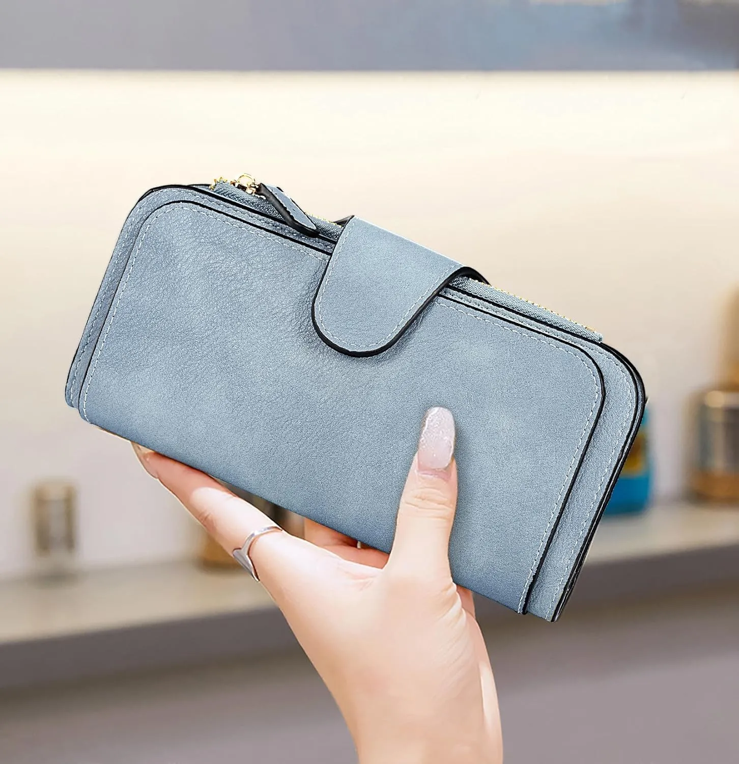 UTO Wallet Women Vegan Leather Wristlet Snap Long Purse Credit Card Holder Elegant Clutch