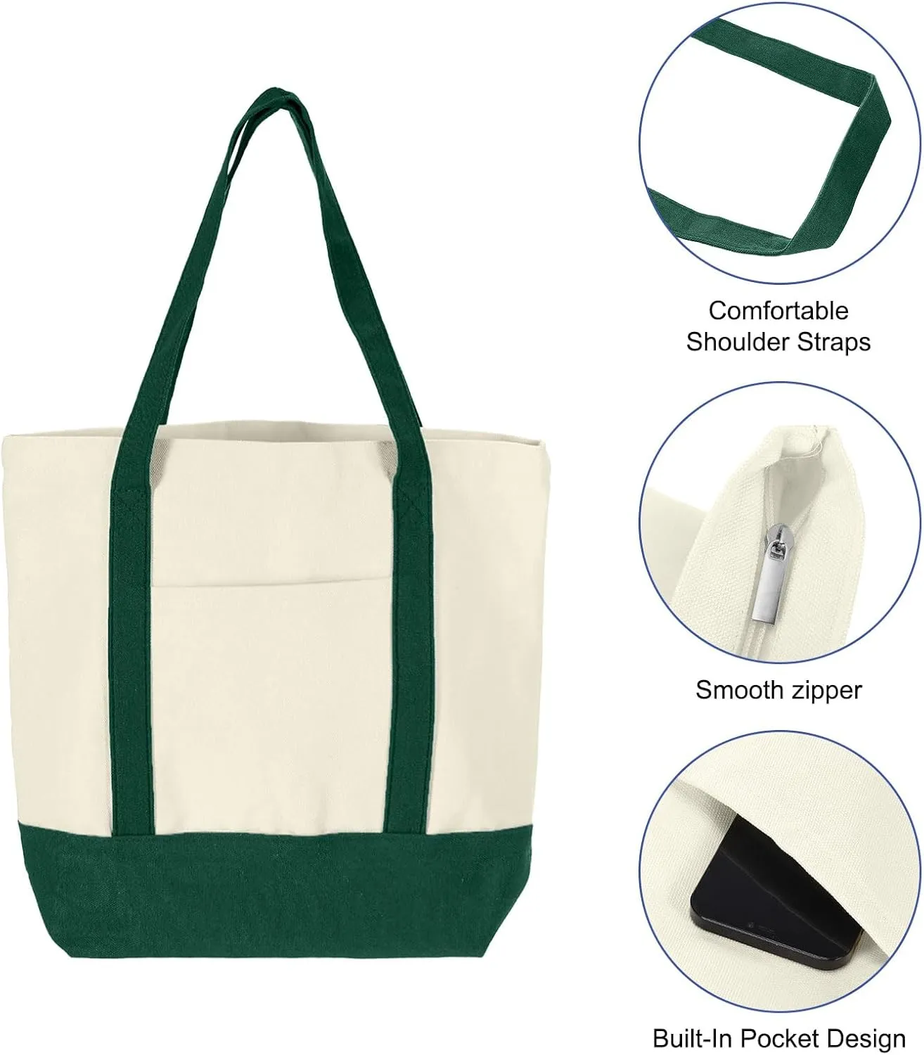 uxcell Canvas Tote Bag with Zipper, Reusable Canvas Tote Bag with Internal and External Pockets, Multipurpose Shopping Bag