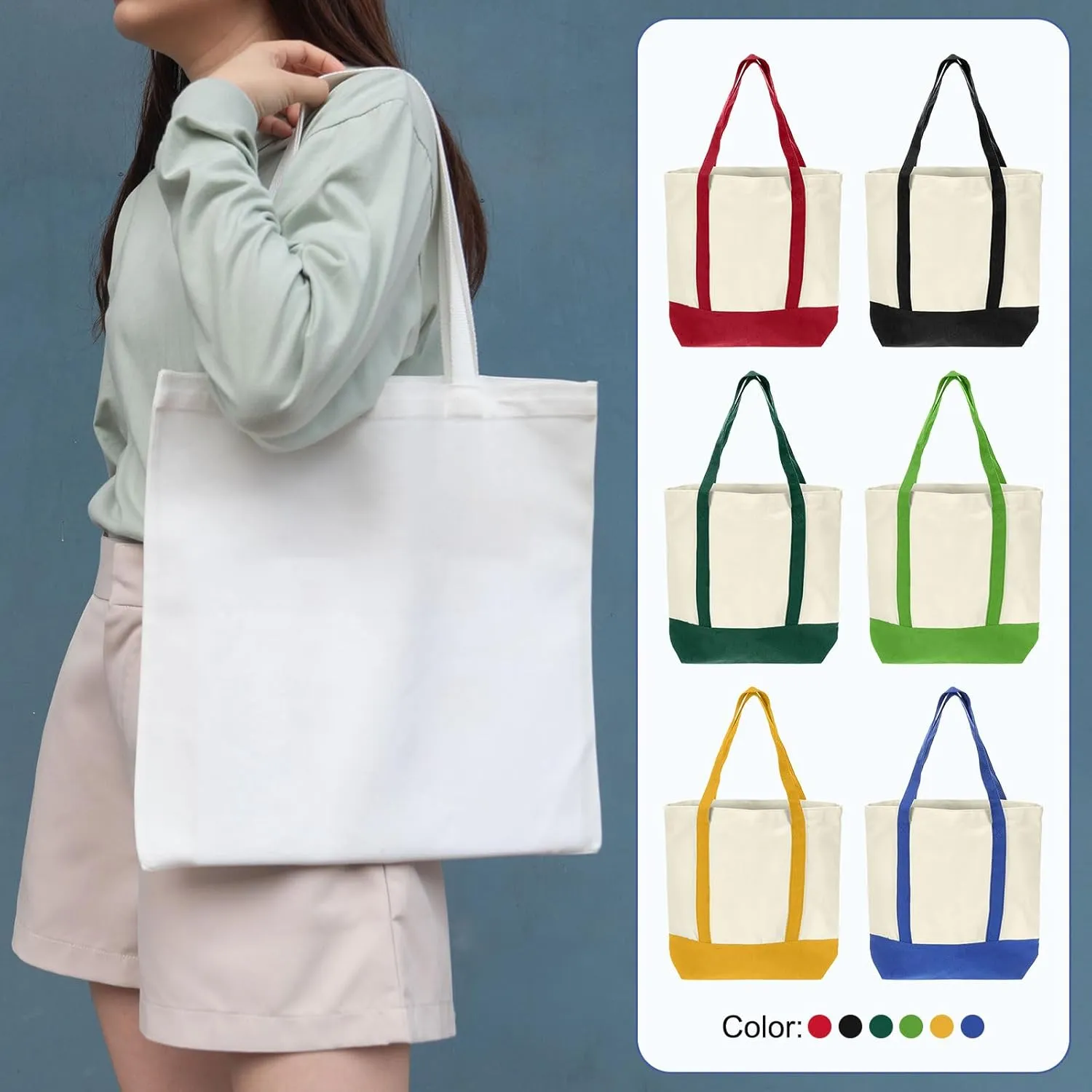 uxcell Canvas Tote Bag with Zipper, Reusable Canvas Tote Bag with Internal and External Pockets, Multipurpose Shopping Bag