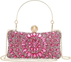 uxcell Evening Bags for Women, Sparkly Crystal Rhinestone Clutch Purse with 2 Chain Straps Handbags for Wedding Party Evening Weekend, Rose