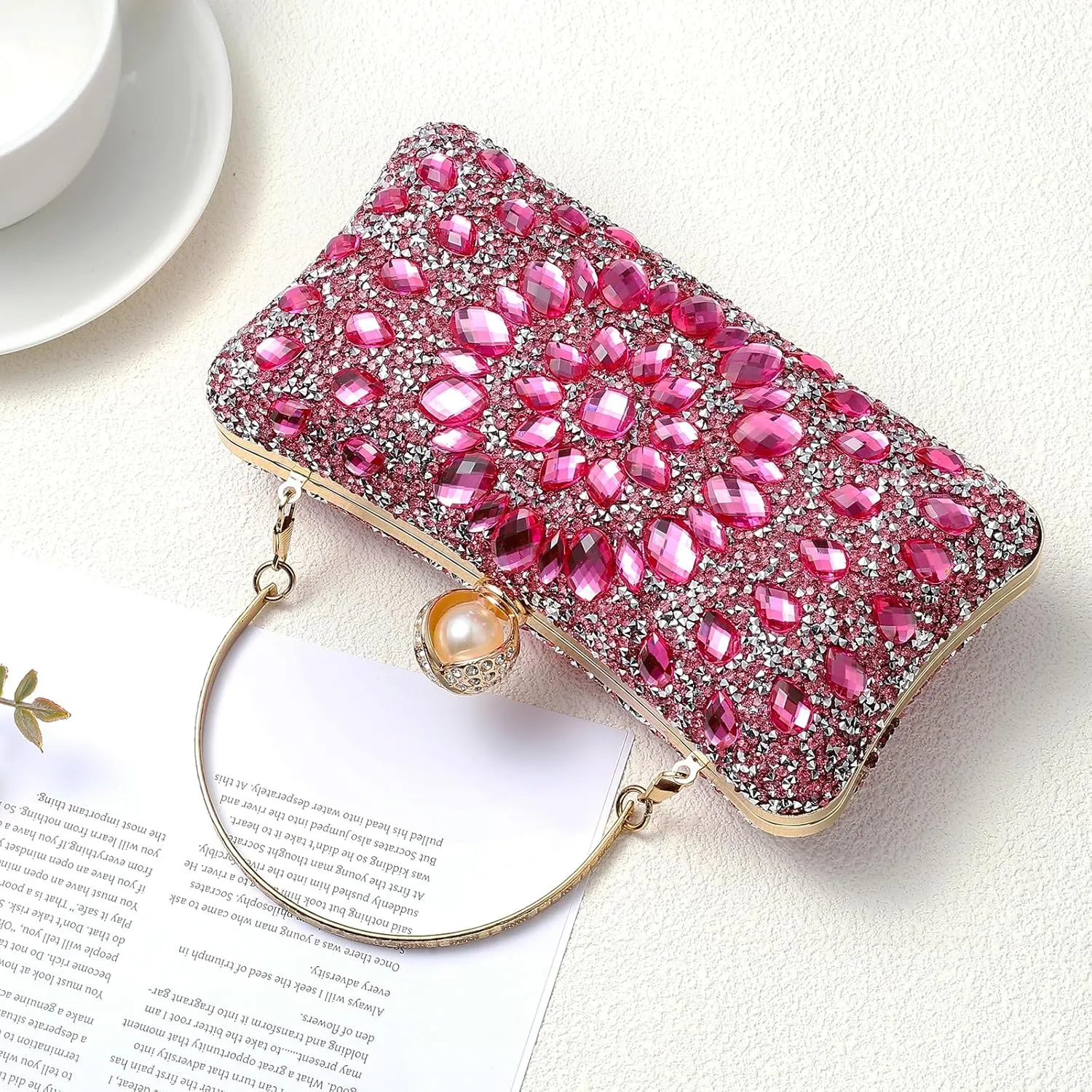 uxcell Evening Bags for Women, Sparkly Crystal Rhinestone Clutch Purse with 2 Chain Straps Handbags for Wedding Party Evening Weekend, Rose