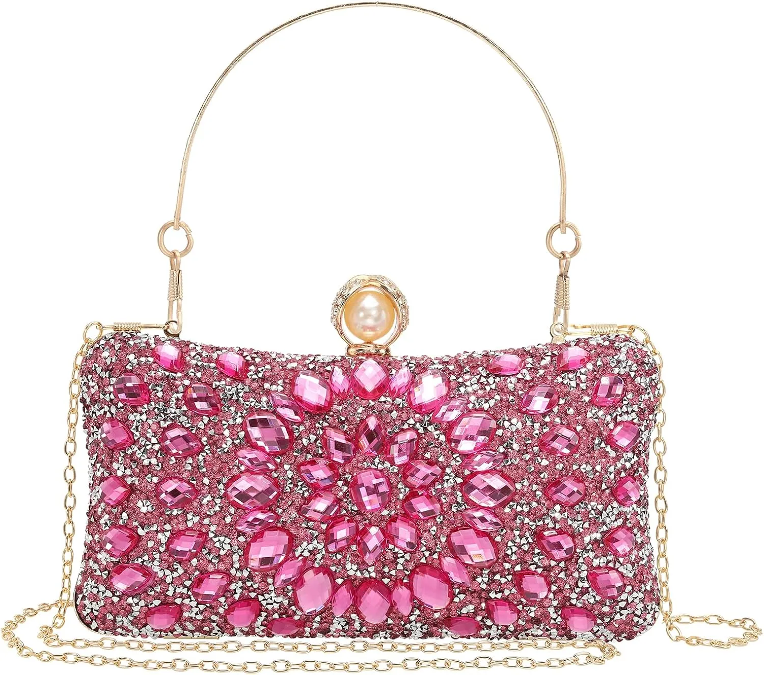 uxcell Evening Bags for Women, Sparkly Crystal Rhinestone Clutch Purse with 2 Chain Straps Handbags for Wedding Party Evening Weekend, Rose