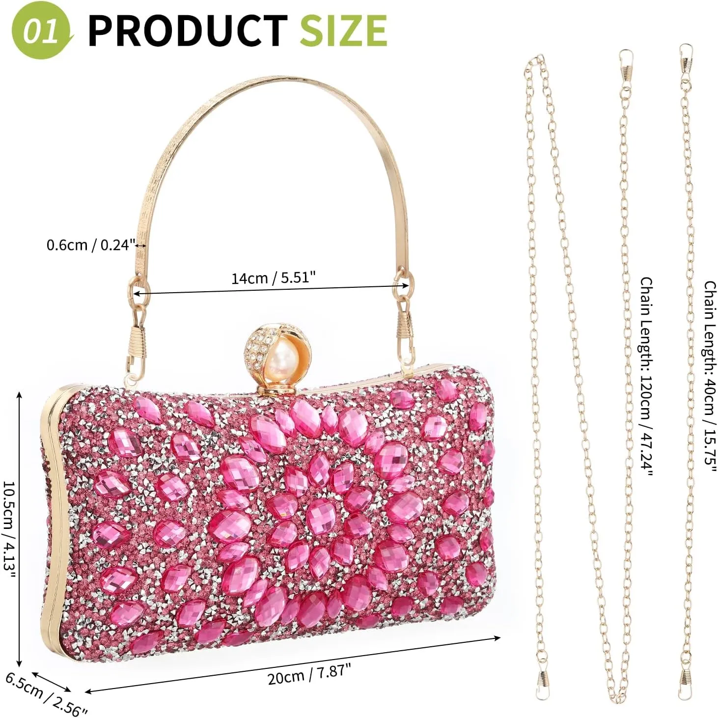 uxcell Evening Bags for Women, Sparkly Crystal Rhinestone Clutch Purse with 2 Chain Straps Handbags for Wedding Party Evening Weekend, Rose