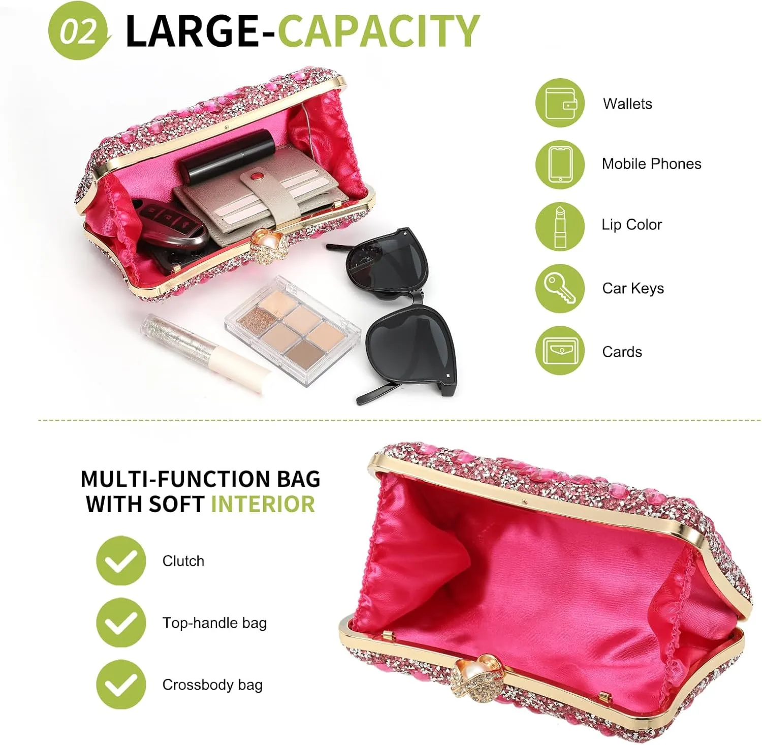 uxcell Evening Bags for Women, Sparkly Crystal Rhinestone Clutch Purse with 2 Chain Straps Handbags for Wedding Party Evening Weekend, Rose