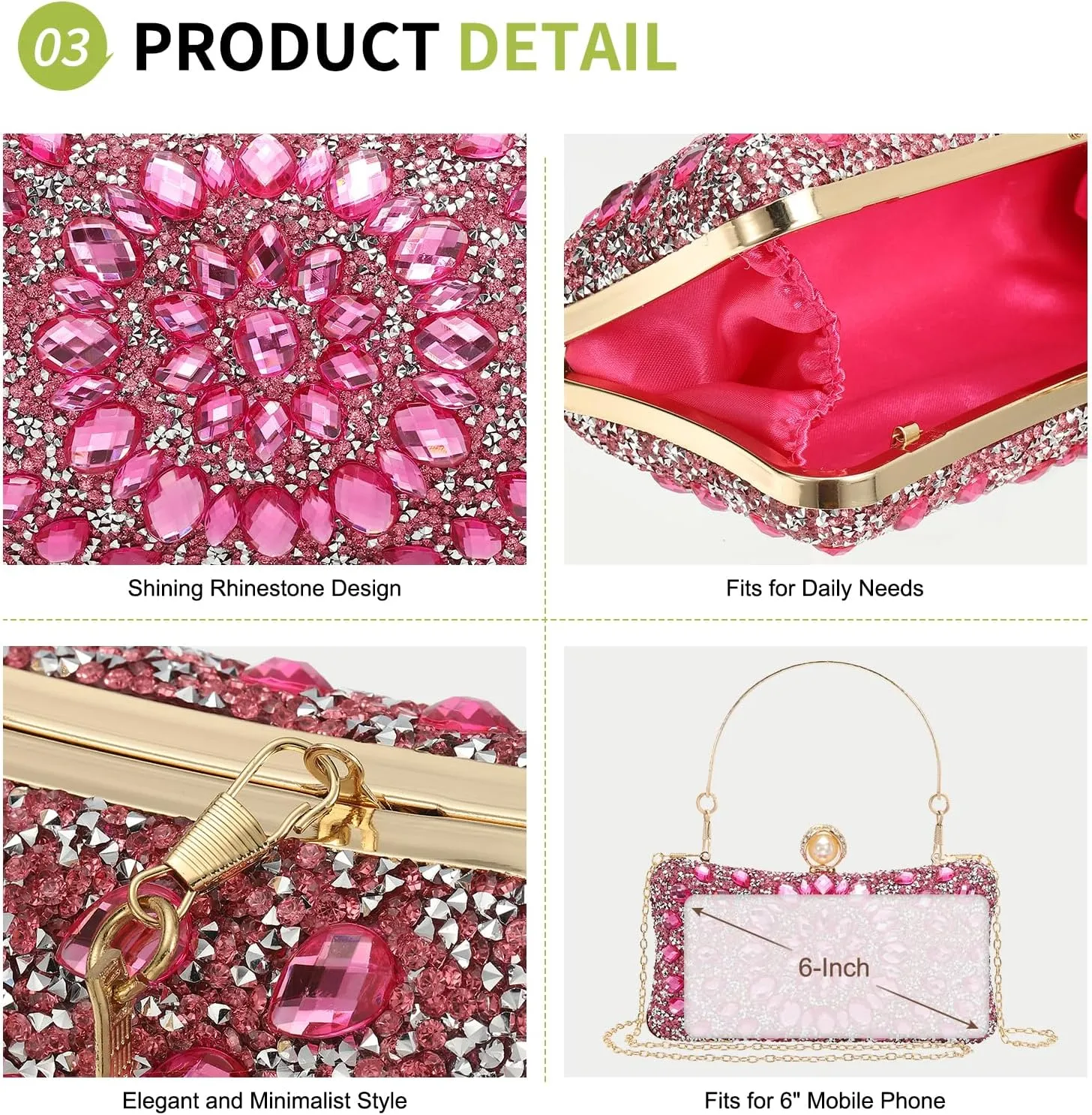 uxcell Evening Bags for Women, Sparkly Crystal Rhinestone Clutch Purse with 2 Chain Straps Handbags for Wedding Party Evening Weekend, Rose